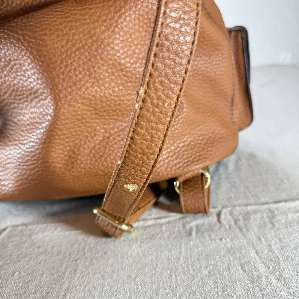 JustFab Brown Faux Leather Mini Backpack Purse Drawstring Flap Buckle Pockets